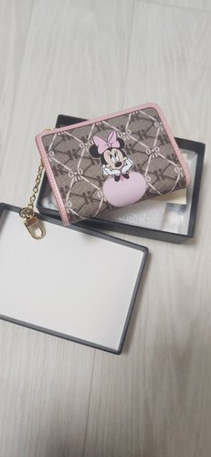 [Minnie X HAZZYS] 시그니처 패턴 핑크 배색 가죽 지퍼 카드지갑 HIHO4E681P2