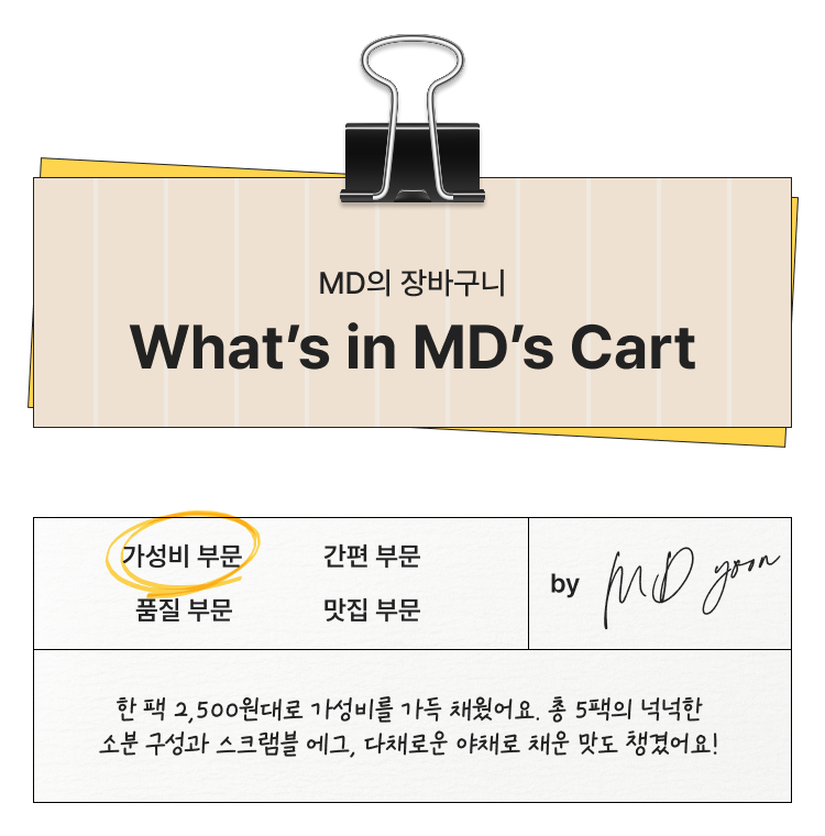 MD의 장바구니 What's in MD's Cart 가성비 부문 품질 부문 간편 부문 맛집 부문 한 팩 2,500원으로 가성비를 가득 채워요. 총 5팩의 넉넉한 소분 구성과 스크램블 에그, 다채로운 야채로 채운 맛도 챙겼어요!